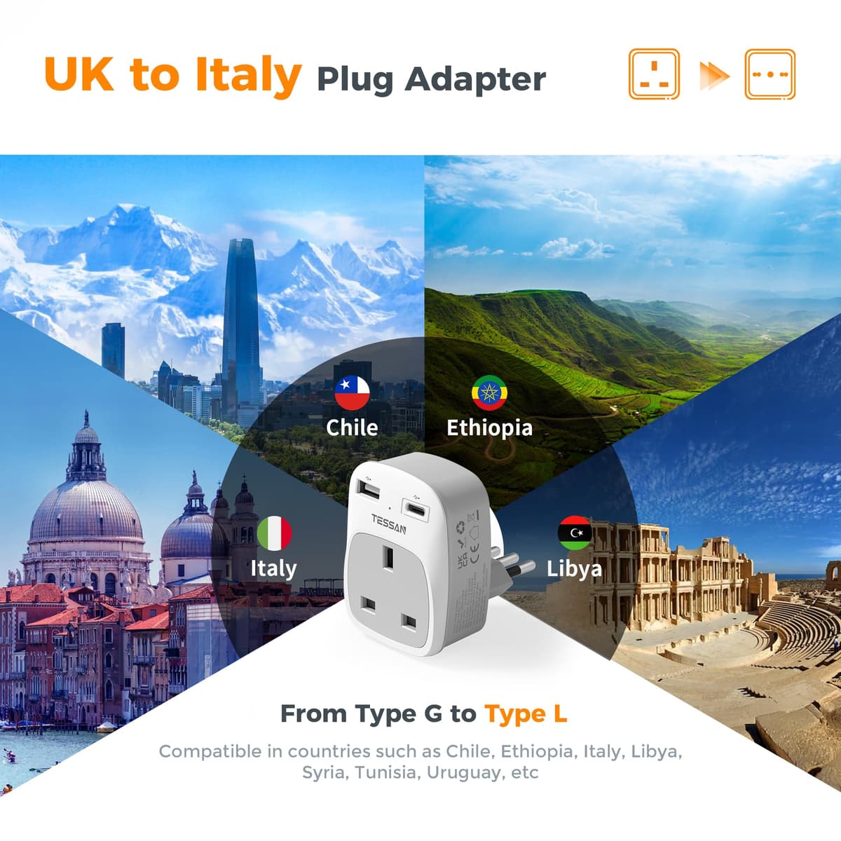 UK to Italy Plug Adapter, TESSAN Grounded Italy Plug Adapter with 2 USB Ports (1 USB C), Italian Travel Adaptor for Chile Ethiopia Libya Syria Tunisia Uruguay (Type L) — view 2