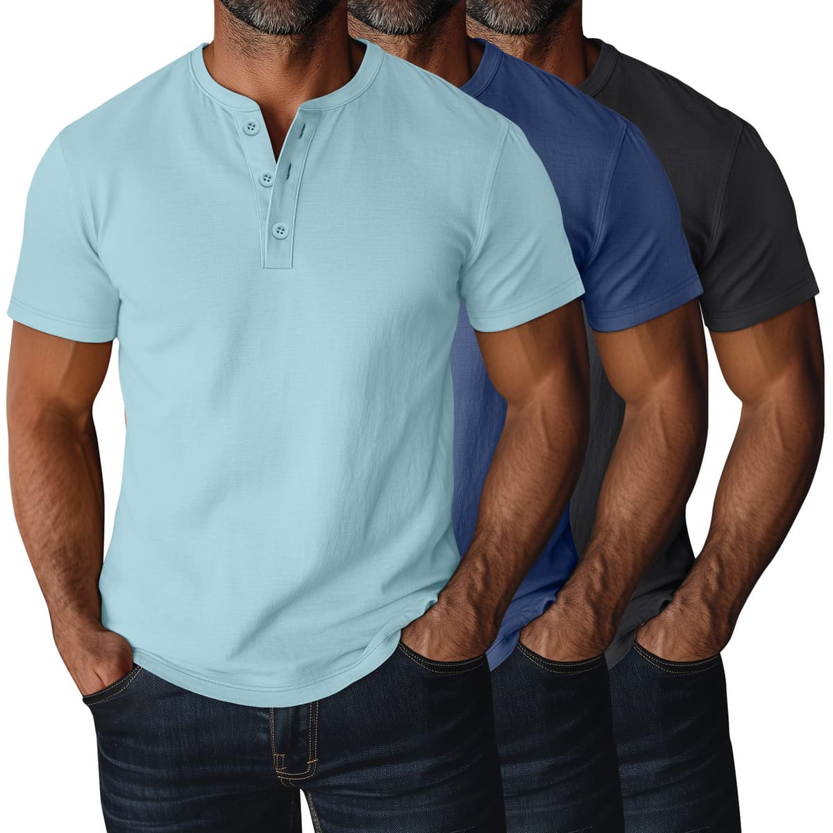 Ficerd 3 Piezas Camisetas Henley para Hombres de Talla Grande y Alta, Manga Corta, Oversize Holgadas, Básicas Casuales Tops — view 6