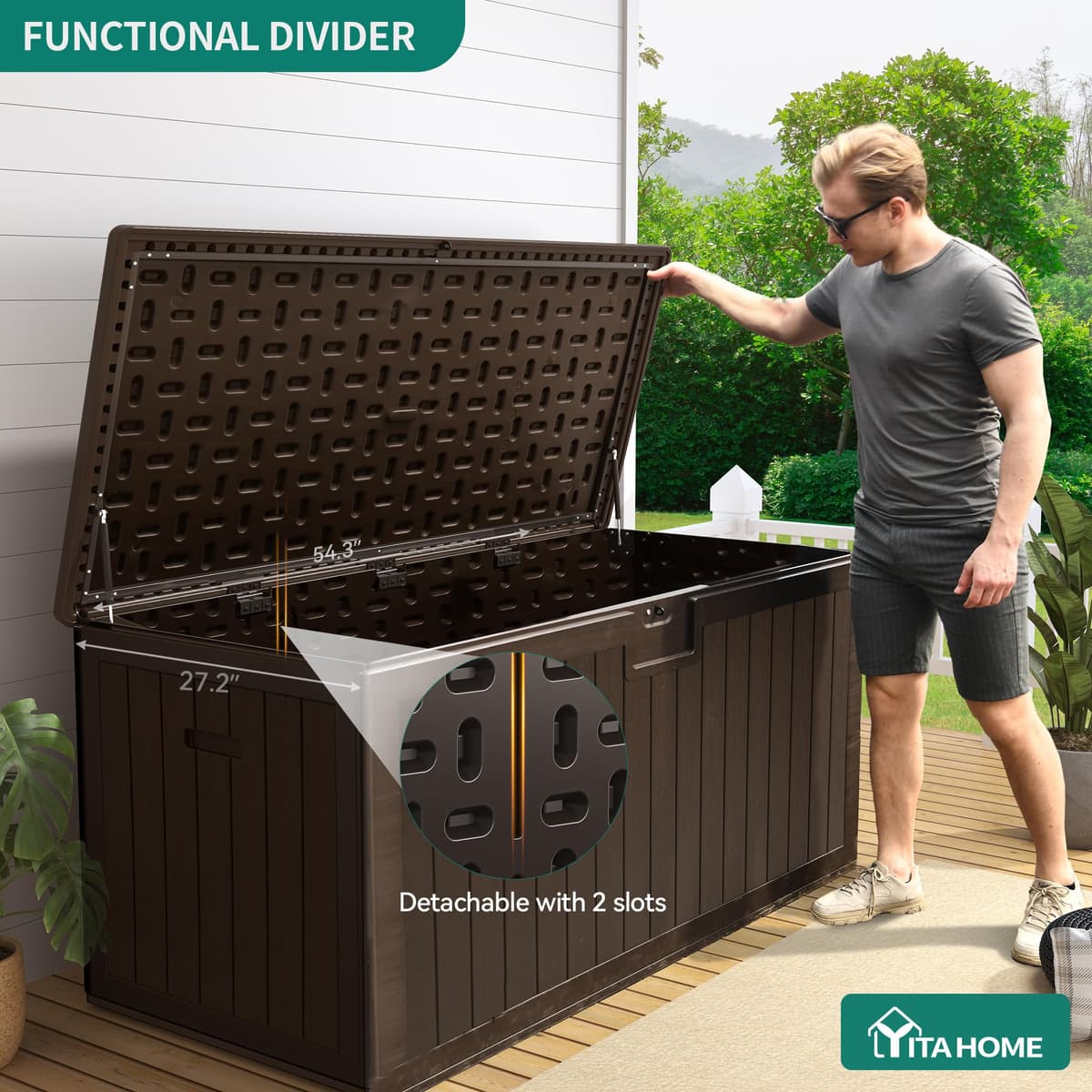 YITAHOME Garden Storage Box Outdoor 567.8L, Heavy-Duty Waterproof Resin Deck Box with Lockable Lid, All-Weather Storage Bench for Patio Furniture, Cushions, Pool & Garden Tools, Brown — view 3