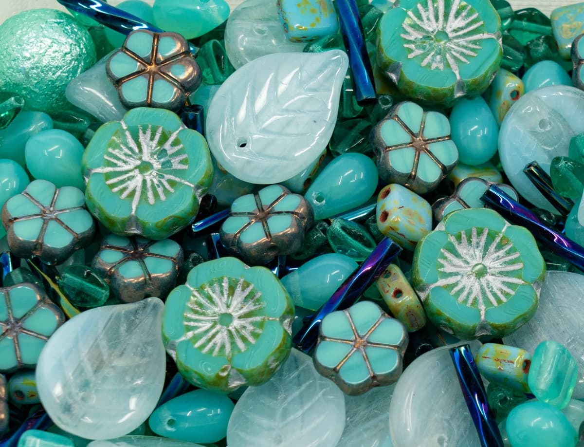 60 g Mix of Unique Czech Bohemia Glass Pressed Beads, Rocailles, Opaque Turquoise Green Copper Crystal Silver, Matte and Glossy, Hand Made BCV — view 5