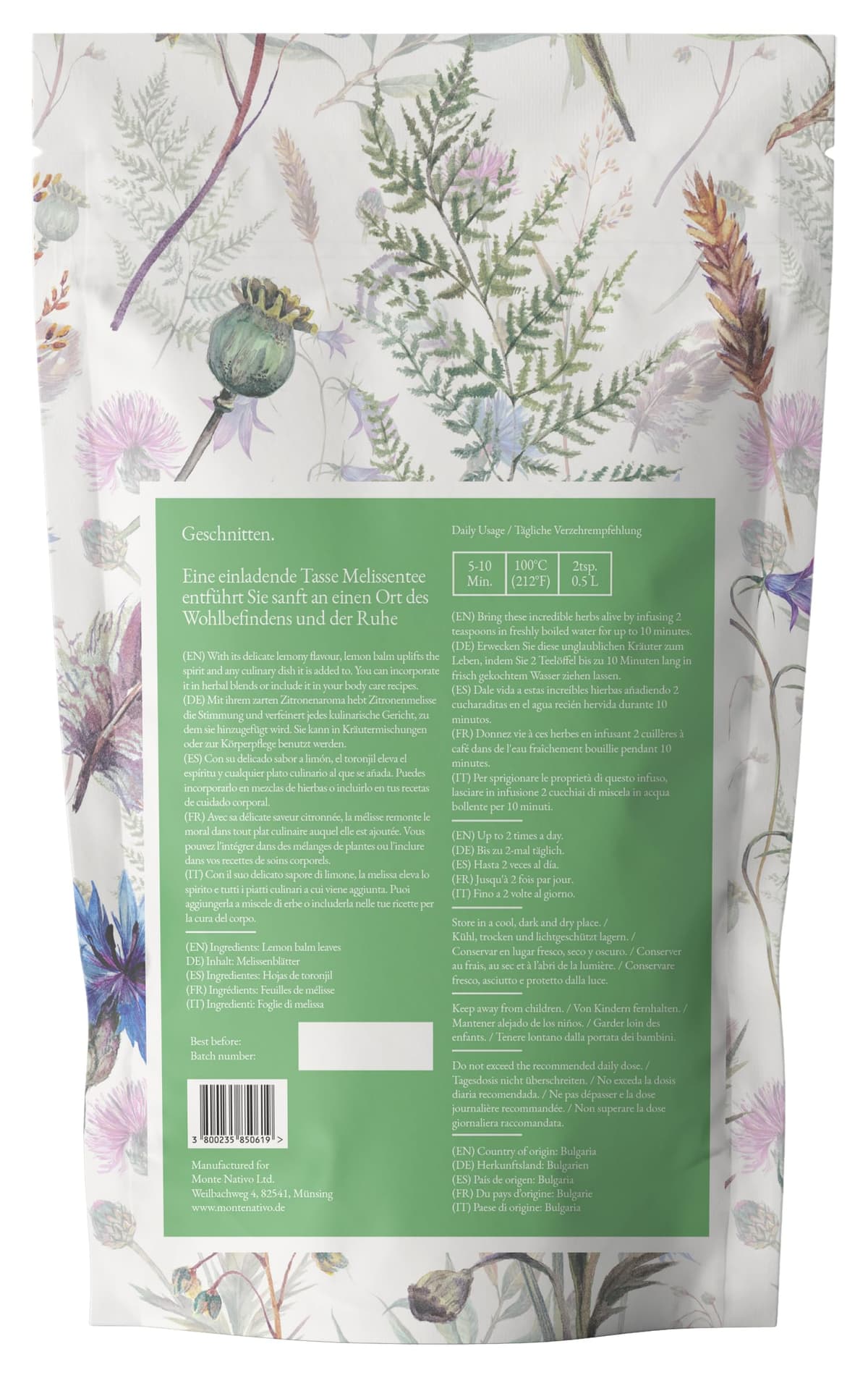 Lemon Balm Tea Monte Nativo (300g) - Gently Dried Lemon Balm Leaves - Aromatic and 100% Pure and Natural Loose Leaf Herbal Tea Without Additives - As a healthy, refreshing infusion — view 2