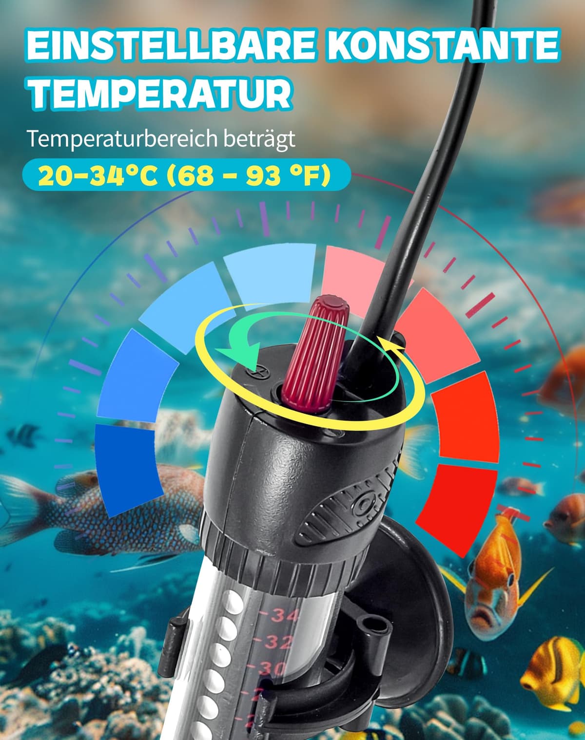 Calentador para Acuario 50W Sumergible Seguro con Termostato Ajustable - Vidrio de Cuarzo a Prueba de Explosiones, Control de Temperatura Preciso (20-34°C) para Peceras y Tanques de Tortugas 30-60 L — view 2
