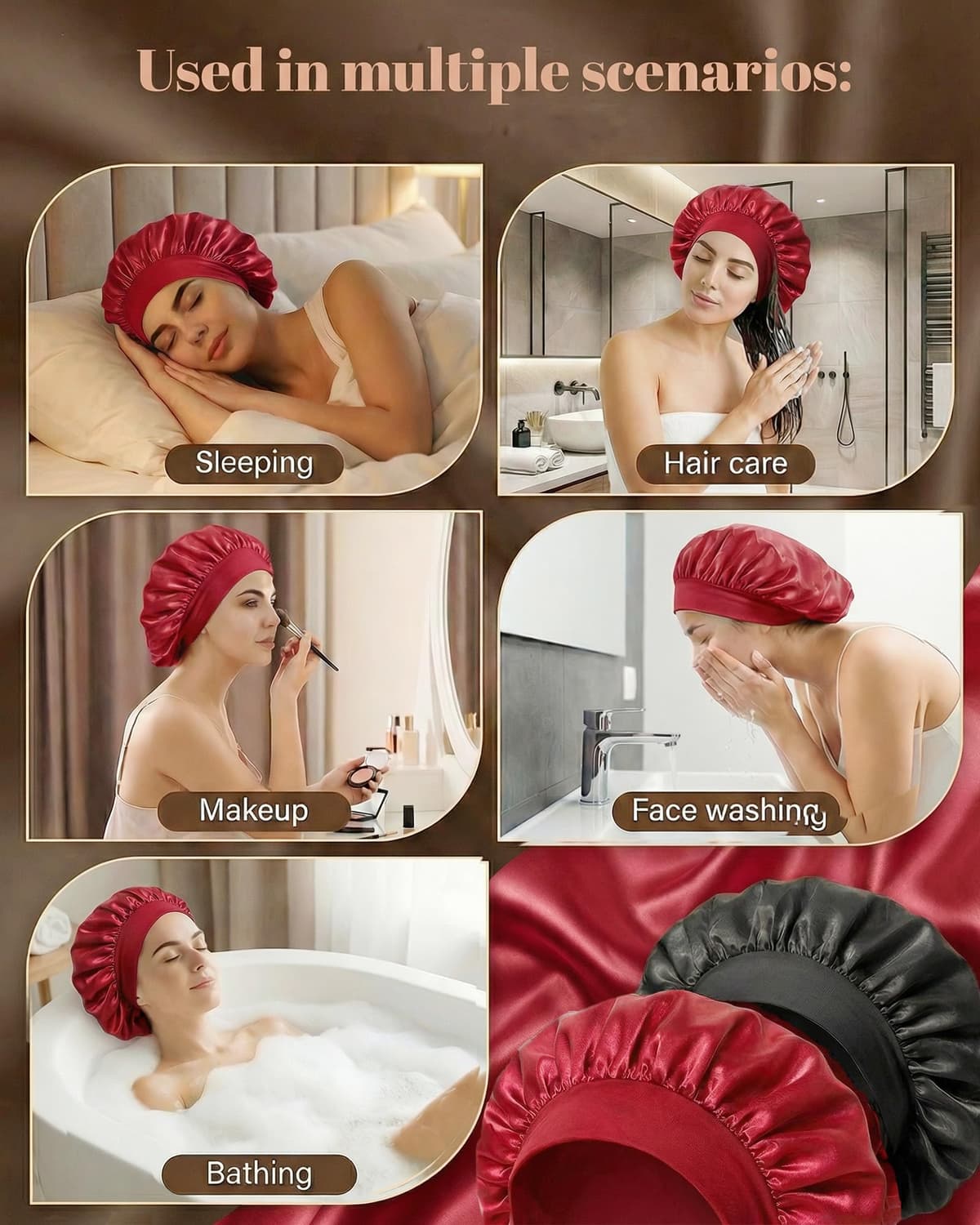 lulir Gorro de Seda para Dormir 2 Piezas - Gorro Saten Pelo Rizado con 2 Coleteros, Silk Bonnet Ajustable con Banda Elástica, Suave Antifrizz Cuidado del Cabello, para Mujer y Niña — view 7
