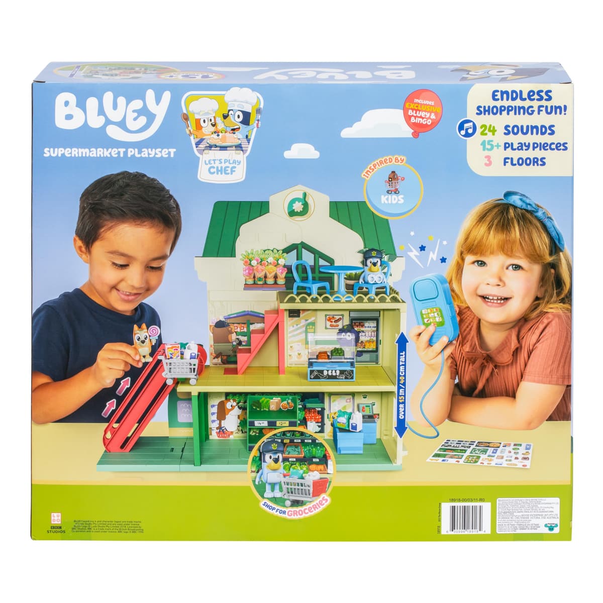 Bluey Supermarket Playset, 3 Different Levels With Exclusive Bluey and Bingo Figures. Includes Working Escalator, 24 Sounds and 15+ Play Pieces Plus Fun Intercom, Over 40cm (15") Tall. — view 4