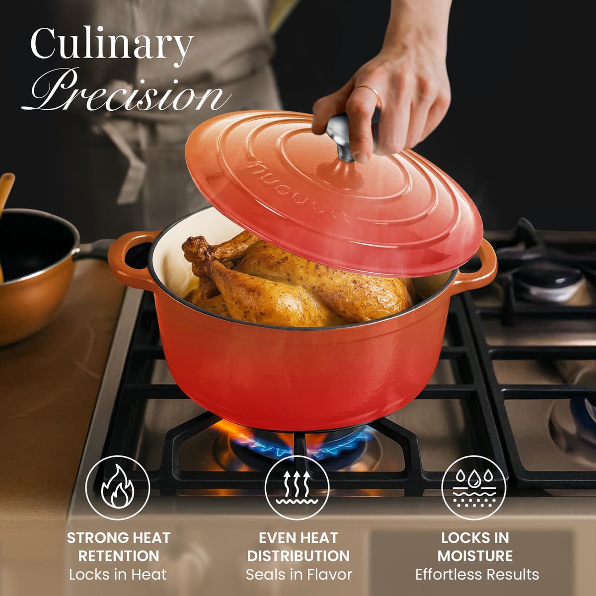 Nuovva Enamelled Cast Iron Dutch Oven Pot with Lid – 5 Quart Casserole Dish – Ceramic Dutch Oven for Bread Baking, Roasting, Braising & Stews – Oven Safe up to 500°F – 24cm Orange — view 6