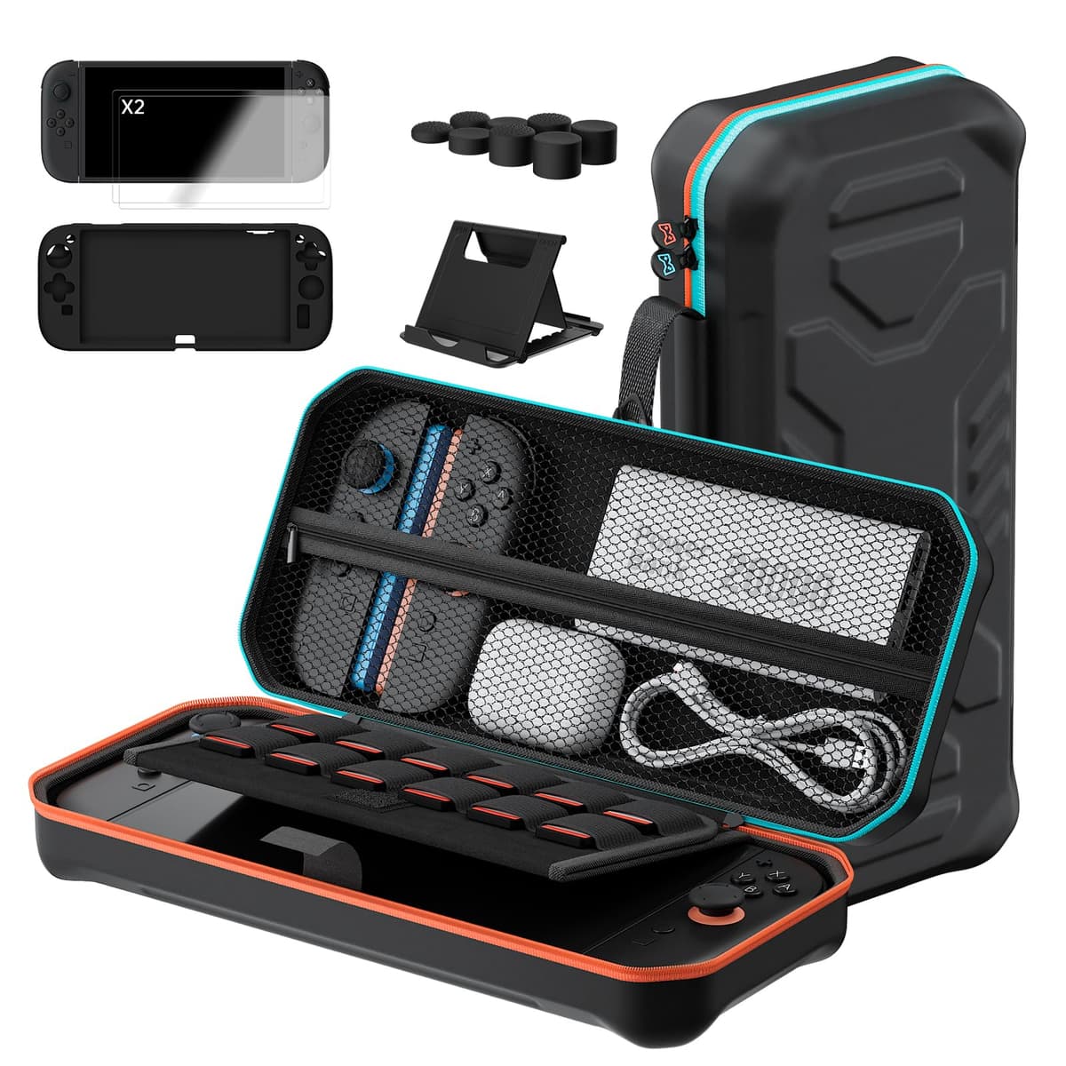 Hosanwell 13 in 1 Case for Nintendo Switch 2, Including 2 Tempered Glass Screens, Silicone Protective Case, Joystick Covers and Stand, Hard Case for Switch 2