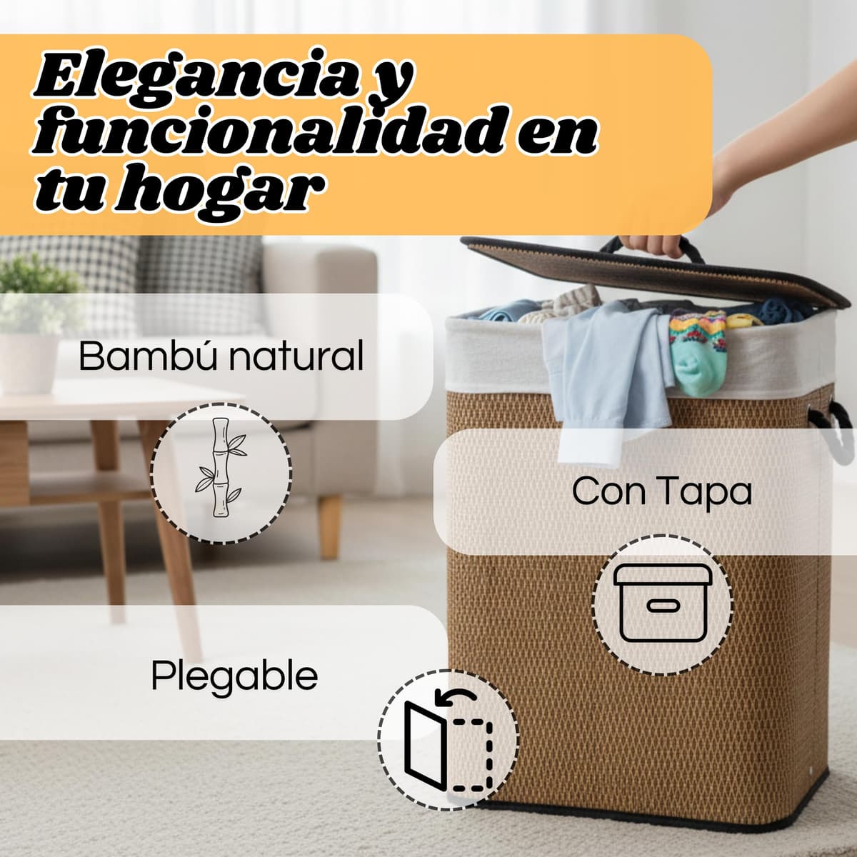 Weida Cesto de la Ropa Sucia de Bambú | Con Tapa y Asas Plegable | Bolsa Extraíble y Lavable | Diseño Natural | Para baño o Dormitorio | Color Marrón Oscuro Bambú (60cm-40cm-30cm Rectangular) — view 2