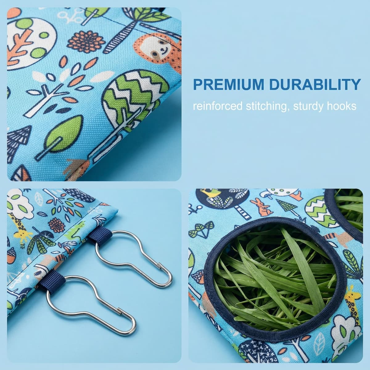Bolsa de Heno para Conejos y Cobayas con 2 Agujeros, Comedero de Tela Lavable para Mascotas Pequeñas, Dispensador de Heno Colgante para Chinchillas y Hámsteres, Diseño Bosque Azul — view 4