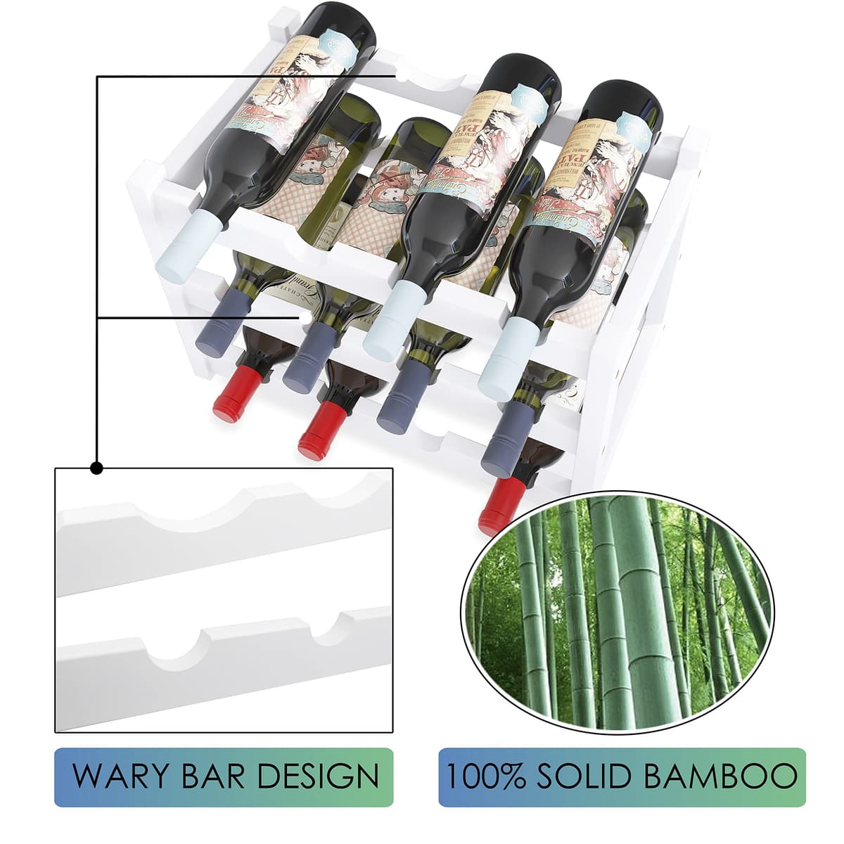 SMIBUY Botellero de bambú, Soporte para 12 Botellas, estantes de Almacenamiento Independientes de 3 Niveles para Cocina, despensa, Bodega, Bar (Blanco) — view 5