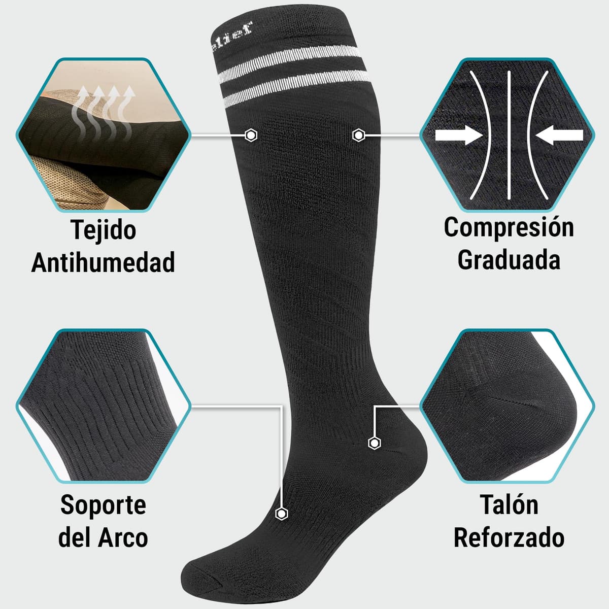 360 Relief Medias de Compresión Mujer y Hombre - 1 Par Calcetines de Compresión para Deportes, Correr, Volar, Viaje, Trabajo, Footing - S/M Beis con Bolsa de Malla — view 34