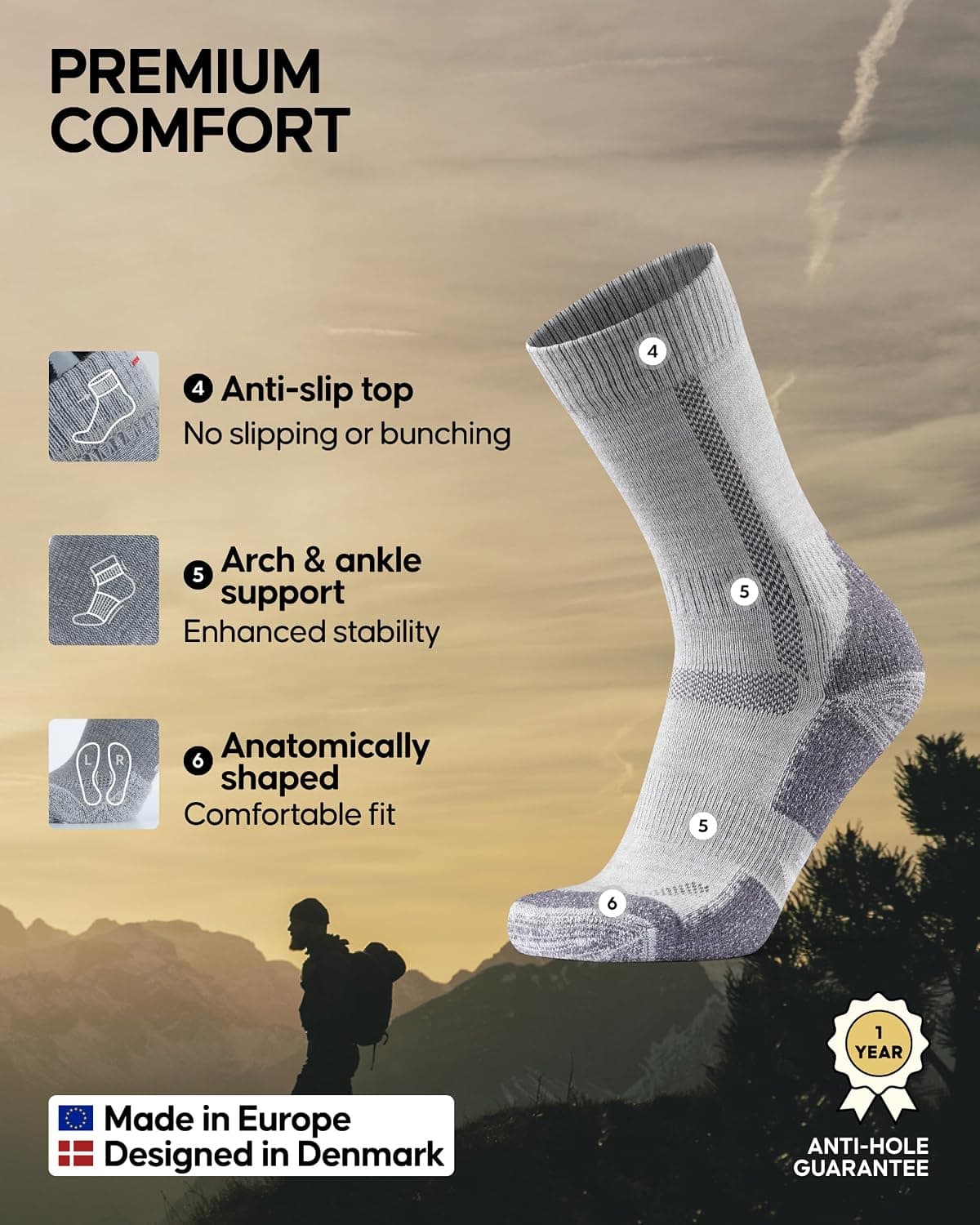 DANISH ENDURANCE Hiking Socks, Breathable Merino Wool Walking Socks with Anti Blister Cushioning, for Men & Women, Unisex, 3  — view 2