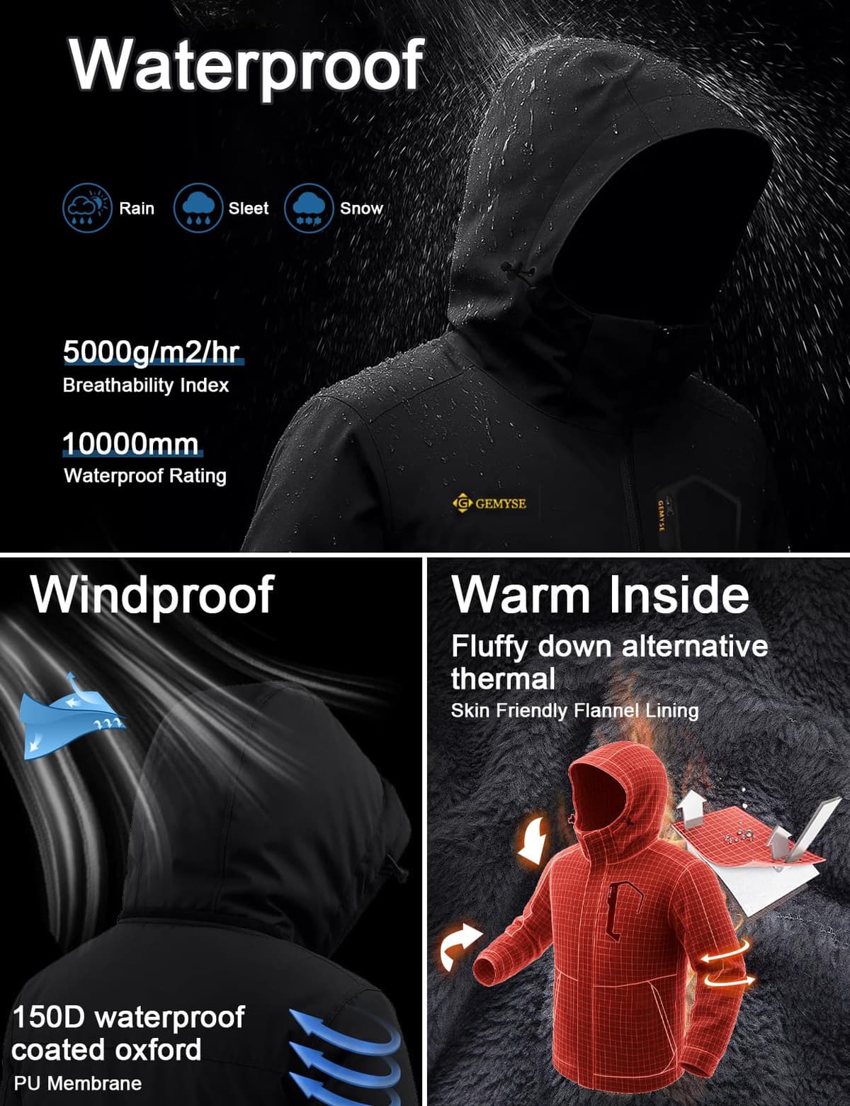 GEMYSE Chaqueta de Esquí Impermeable de Montaña para Hombre Abrigo de Invierno al Aire Libre de Lana a Prueba de Viento con Capucha — view 3
