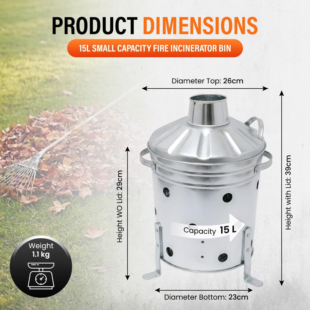 Galvanised Incinerator Bin Fire Bin Burning Bin Designed for Garden Woods Leave Heavy Duty with Lid and Stable legs stands (15L) — view 2