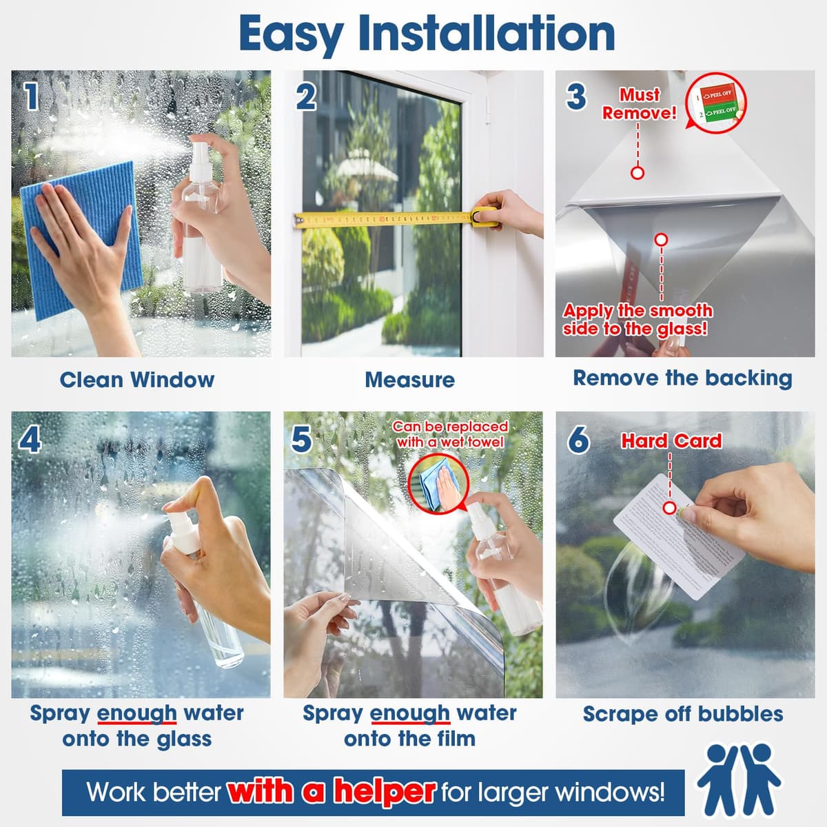 Lifetree Reflective One Way Window Film Privacy: Mirror Window Tint Film Heat Control Sun Blocker, UV Anti Glare Film Clear Day and Night for Home Office (Silver, 44.5 * 200cm) — view 7