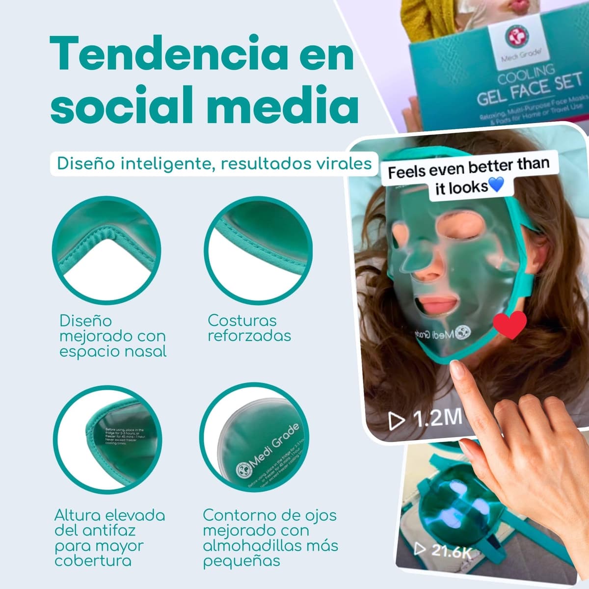 Antifaz de Gel Frío y Mascara para Ojos – Tecnología de Gel Facial de Medi Grade – Set para Cuidado Facial de Mujer y Hombre, Mascara de Frio para Cara Ojos y Anti Ojeras — view 6