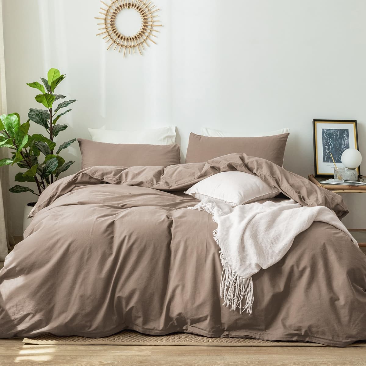 MooMee Bedding Duvet Cover Set 100% Washed Cotton Linen Like Textured Breathable Durable Soft Comfy (Tannish Linen Grey, King) — view 147
