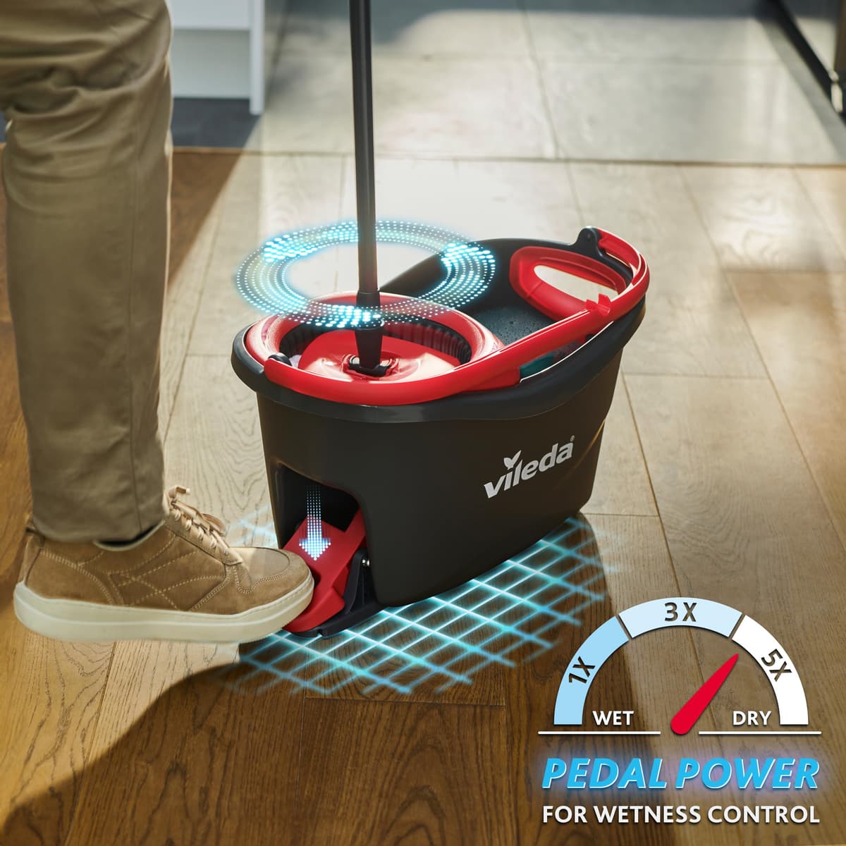 Vileda Turbo - Set de fregado con Cubo con Pedal - Palo telescópico 85-123 cm - Sistema de fregado de Suelos con escrruido Giratorio- Recambio de Microfibra 2 en 1 - Color Gris y Rojo — view 2