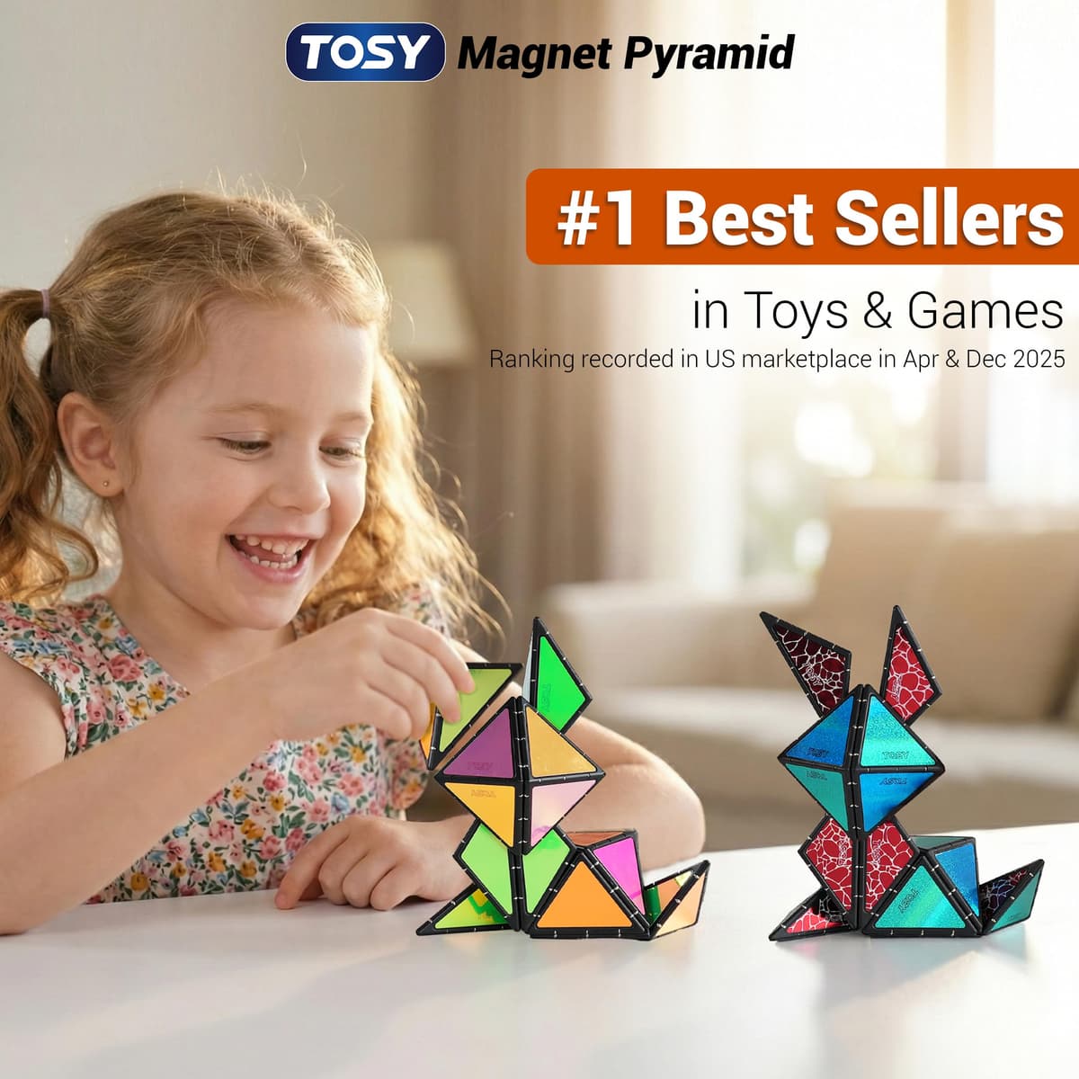 TOSY Magnet Pyramid Glow - 1 Cube Transforms into 1 Billion Shapes (Bunny, Egg Basket, Flowers, Heart), Easter Birthday Gift, 12 pcs, 243 Magnets, Glowing, Holographic Design, Puzzle/STEM Toy — view 2