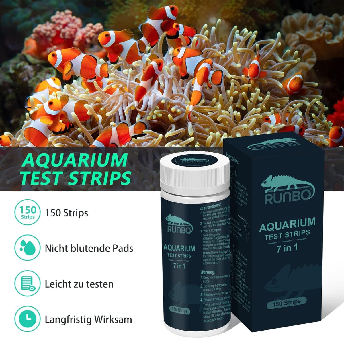 RUNBO Tiras de prueba 7 en 1 para acuario, 150 unidades, kit de prueba de acuario para estanque de peces de agua dulce, prueba precisa de la dureza total alcalinidad total carbonato nitrato nitrito — view 4