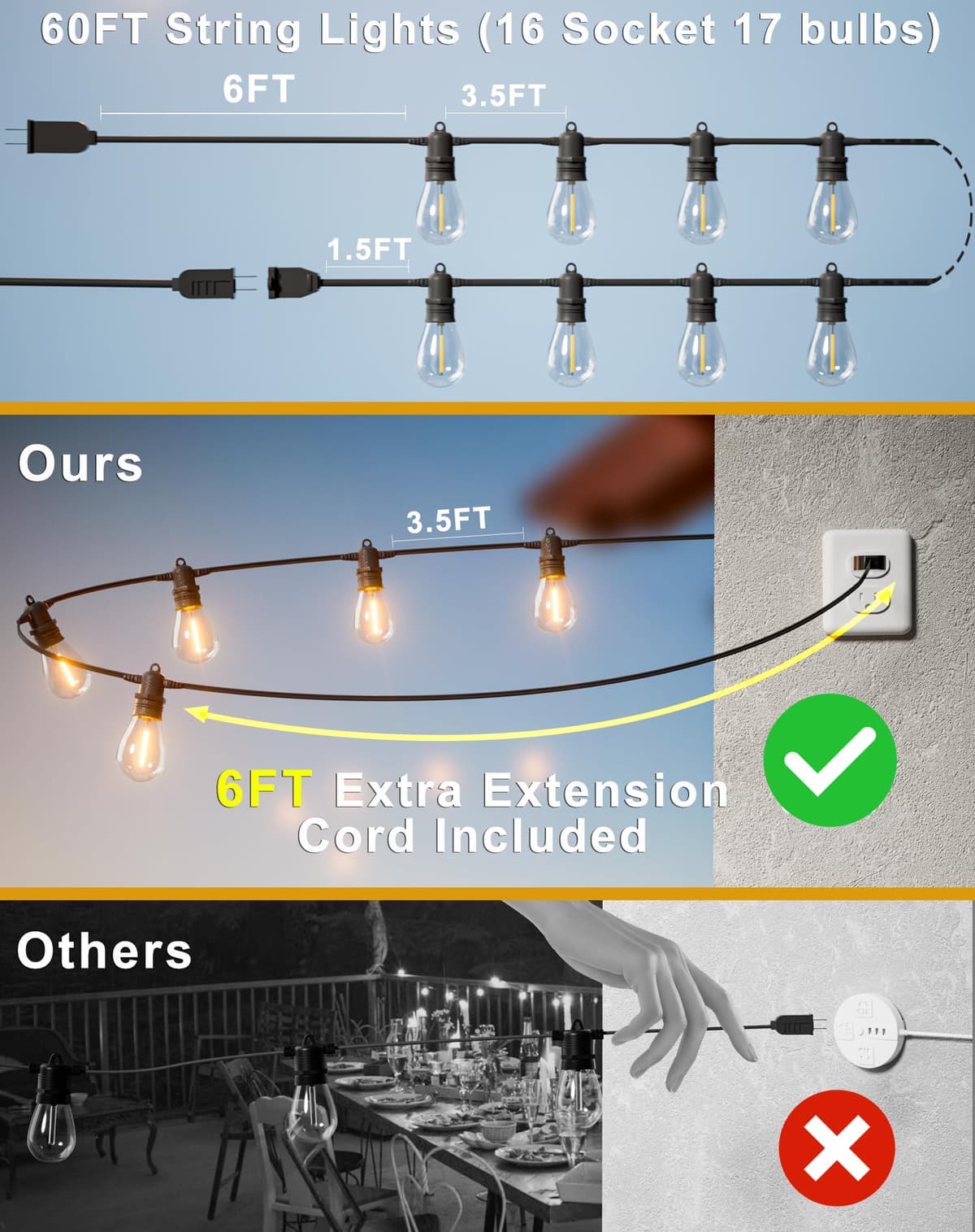 60FT LED Outdoor String Lights with 16+1 Edison Shatterproof IP65 Waterproof Bulbs, 2700K Dimmable Commercial Grade Patio Lights for Garden, Porch, Deck Decor — view 5