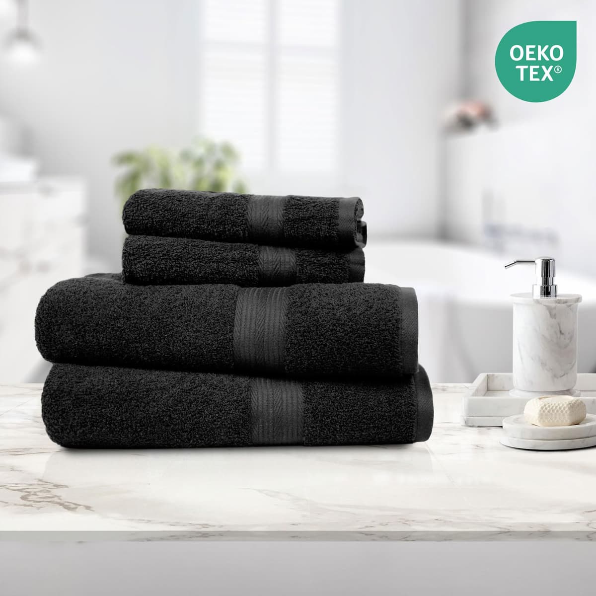 Amazon Basics Juego Toallas Baño Completo 100% Algodón 2 Toallas Baño + 2 Mano, Negro, Pack 4 Unidades — view 5