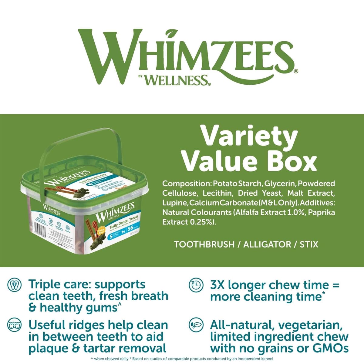 WHIMZEES Variety Box Dental S, 56 Pieces – Mixed Shapes, Size S, Dog Chews for Small Breeds, Natural and Grain Free, Rawhide-Free, Vegetarian, No Added Sugar — view 6