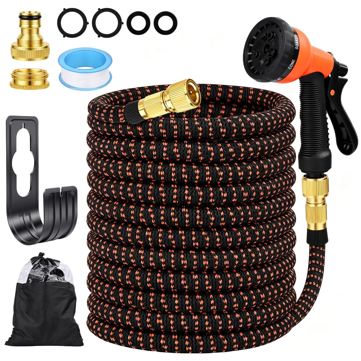 Manguera Extensible 30M/100FT, Manguera de Jardín Extensible Pistola de Riego con 8 Funciones Pistola Hose Con 3/4" y 1/2" Accesorios de aleación de zinc. el Riego de Plantas Hortícolas (Naranja)
