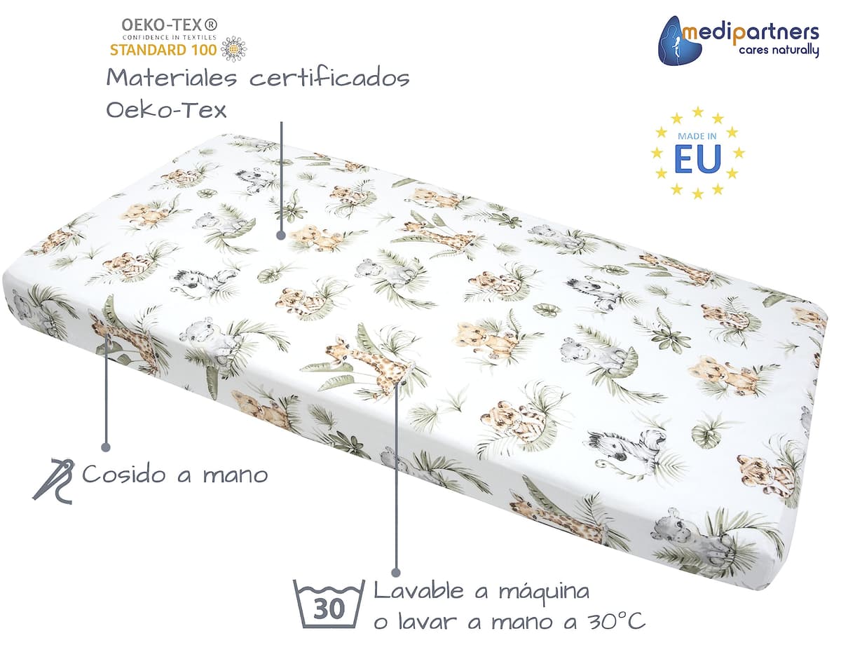 Medi Partners Sabana Bajera Cuna 60x120 Set de 3-100% Algodon Sabanas de Algodón Bebe Ropa de Cama para Bebés Dormir Cuna Fitted Bed Sheet Protector (Safari-Blanco-Gris) — view 3