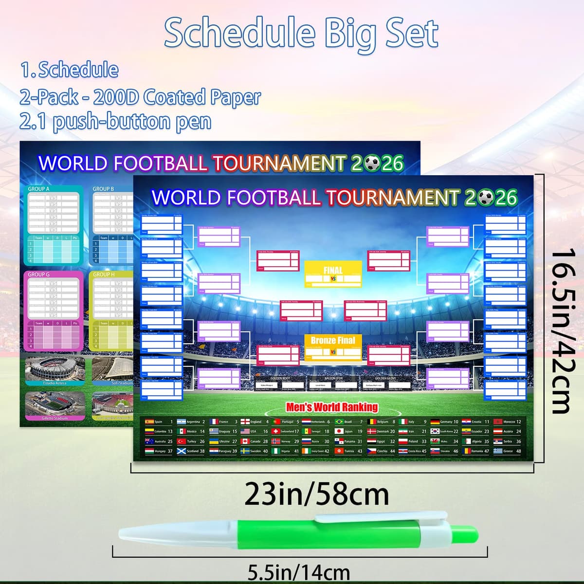 2PCS World Cup Football 2026 interactive Foldable Poster Handwritten Watercolor Pen Team Information and World Cup Football Match Schedule Chart Bedroom Gymnasium Wall Display Fan Poster Gift 58x42cm — view 2