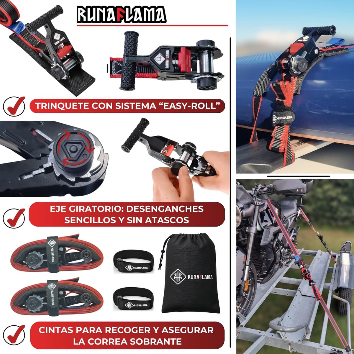 RUNAFLAMA - Cinchas de Amarre Carraca con Protección - Eslingas de Carga para Baca Coche, Surf, Kayak, Paddle - Trinchas de Sujeción a Portabicicletas - F. Rotura 1600 kgf/Cinta - 2 Correas de 3,5m — view 3