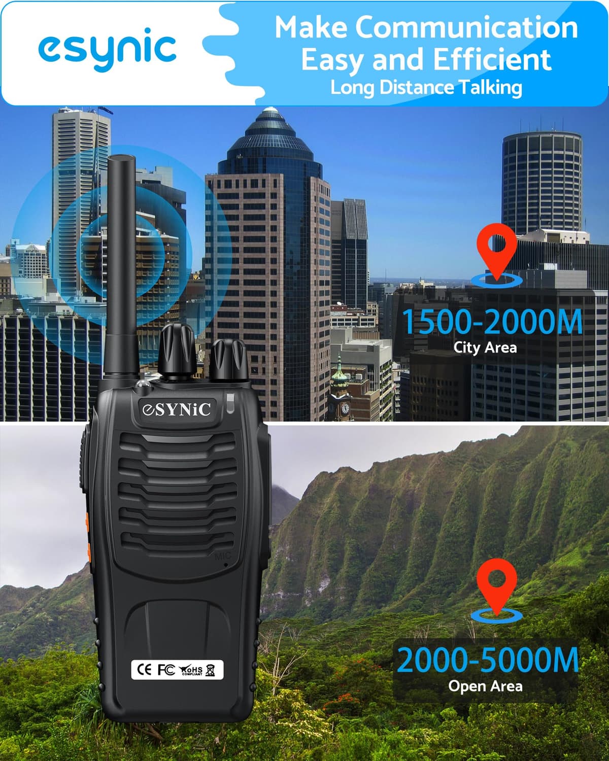 eSynic 2Pack Professional Walkie Talkies for Adults Rechargeable Walkie Talkies Best 16CH Walkie Talkie Hand Free VOX Two Way Radio With Earpieces& LED Lights Wonderful Gifts For Adults Kids etc — view 3