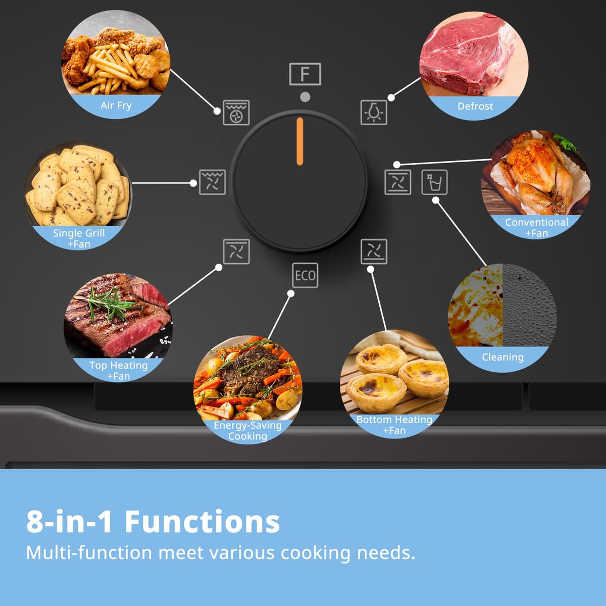 COMFEE' 60L, 60cm Wide, Single Electric Built-in Fan Oven, 8 Function with Air Fry, Multiphase Cooking and Easy Cleaning Removable Door, Color Black - CBO60M80M1-BK — view 3