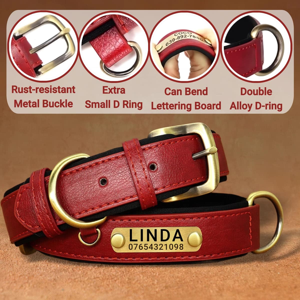 Genuine Leather Dog Collar Personalised, Soft Padded Leather Dog Collars Heavy Duty with Custom Engraved Name Plate Adjustable for Small Medium Large Dogs (L, Red 35-45cm) — view 2