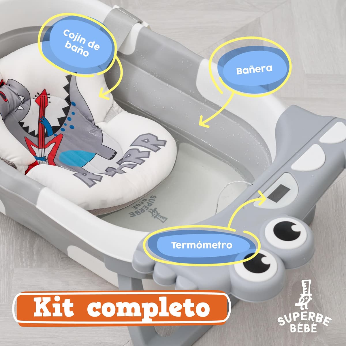 Bañera Plegable Bebé Con Cojín De Baño Antideslizante - Bañera Bebe Plegable Con Termómetro - Asiento bañera Bebe - Desde El Nacimiento Hasta Los 3 Años - Regalos De Nacimiento (GRIS, DINO) — view 3