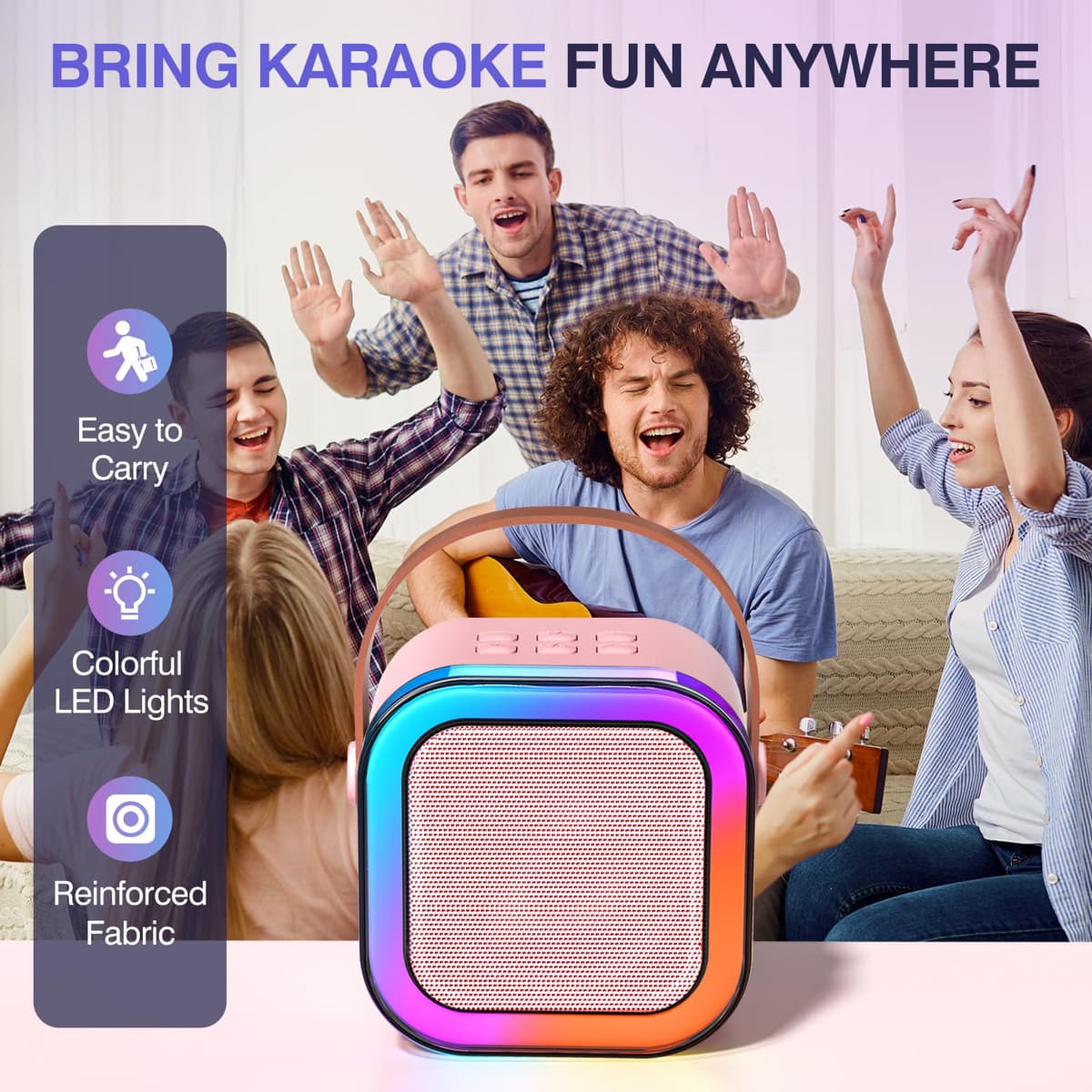 TAEMVV Mini Karaoke Machine for Kids,Portable BT Speaker with 2 Wireless Microphones and LED Light Holiday Birthday Gift Toy for Boys and Girls Teens Over 4,5,6,7,8,9,10,11,12+ Years Old（Pink） — view 8