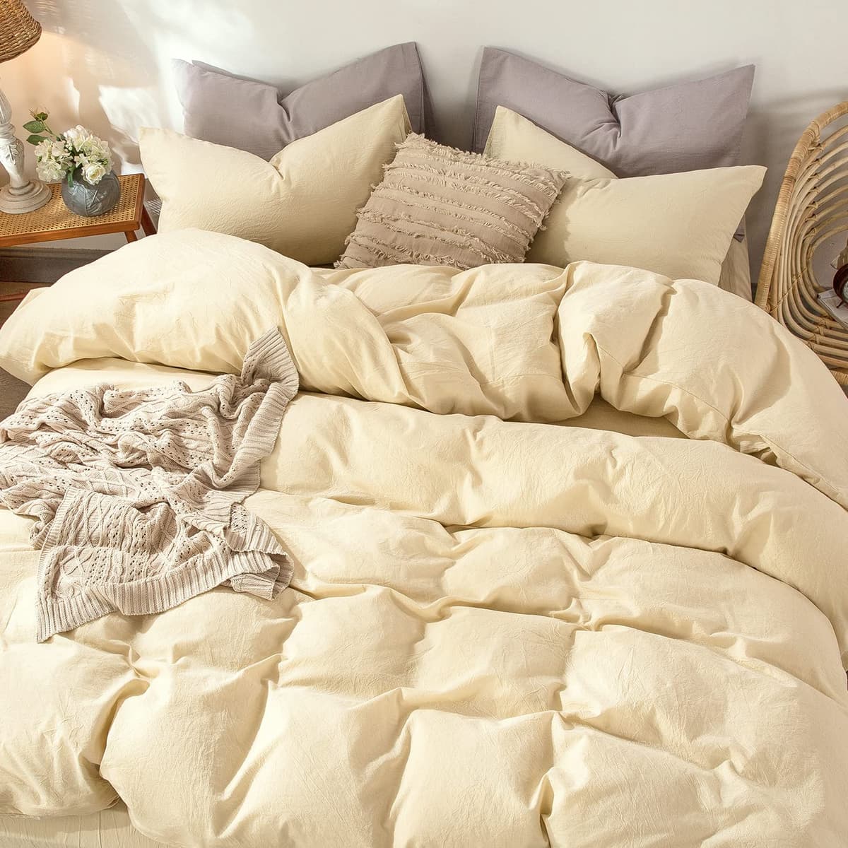 MooMee Bedding Duvet Cover Set 100% Washed Cotton Linen Like Textured Breathable Durable Soft Comfy (Tannish Linen Grey, King) — view 127