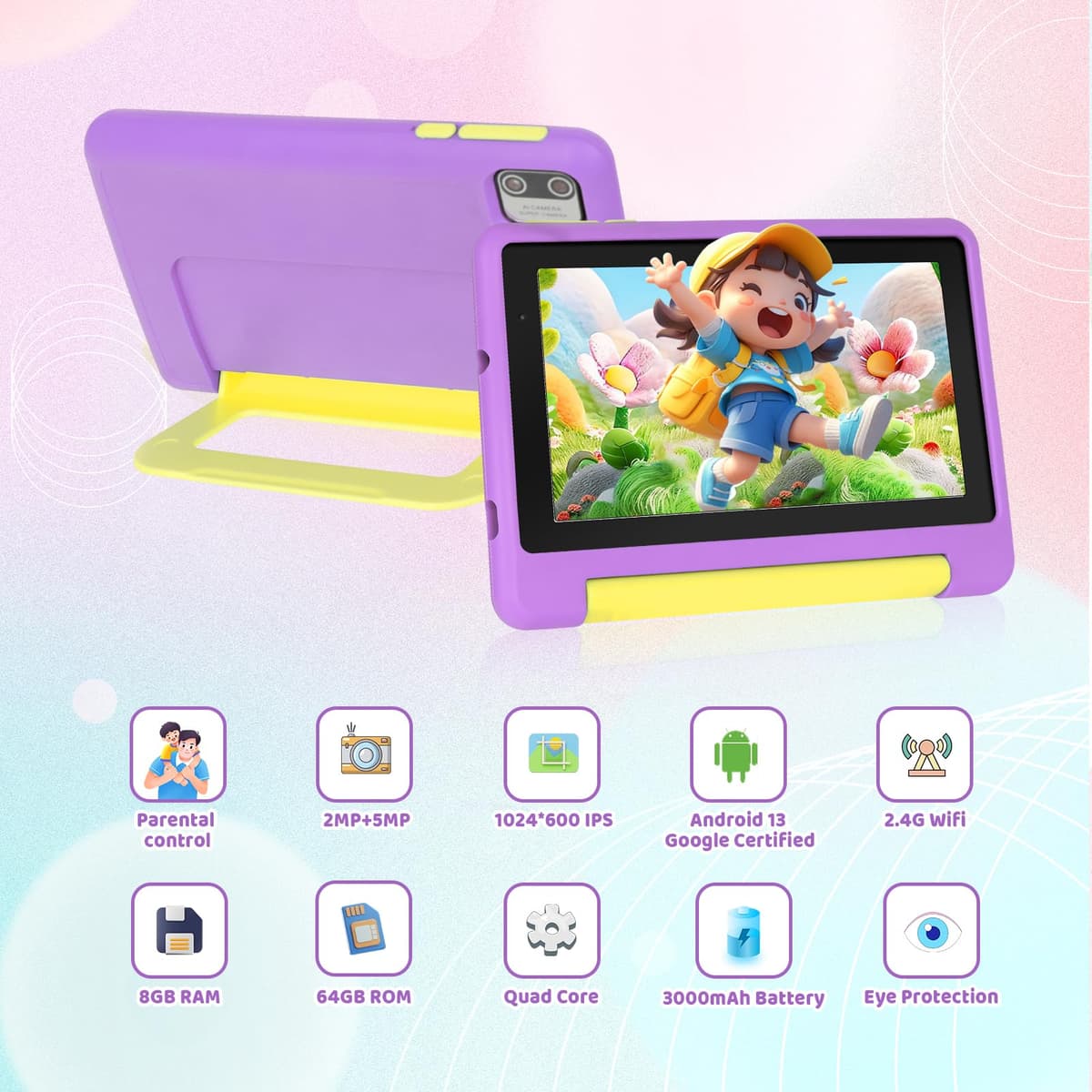 Whitedeer 2026 Latest Kids Tablet, 7 inch Tablet for Kids 3-7 Ages 8GB RAM +64GB ROM, Android 13, Parental Controls, Dual Camera, Wi-Fi, Bluetooth, Type-C, Impact Resistant Case, Gift,Purple — view 3