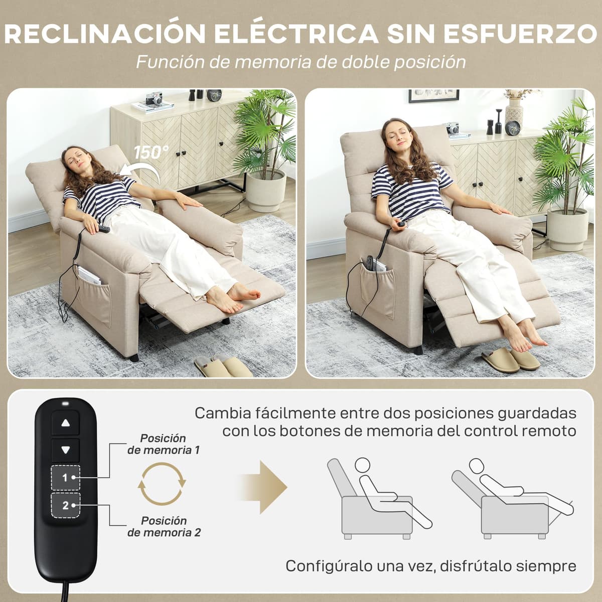 HOMCOM Sillón Relax Reclinable Eléctrico, con Calor Lumbar y Masaje Vibración, Sillón Masaje Relax, Motor Silencioso, Función de Memoria, Bolsillos, Control Remoto con USB, Tejido Pet-Friendly, Beige — view 5