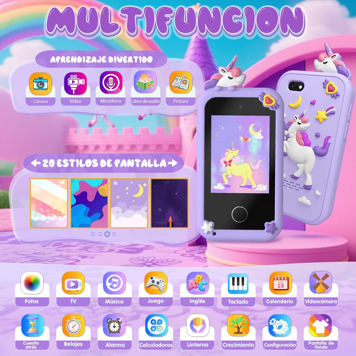 Fippesax Smartphone Niños, Cámara con Pantalla Táctil de 2,8 Pulgadas, Teléfono Móvil para 20 Juegos Educativos, Cámara Dual, Regalo de Cumpleaños de Navidad para Niños de 3 a 9 Años Morado — view 2