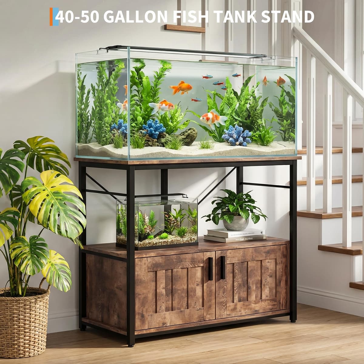 GarveeHome Estante resistente para acuario 40-50 galones con gabinete – Soporta hasta 300 kg – Organizador práctico para peceras, terrarios y accesorios – Ideal hogar y oficina – Marrón — view 4
