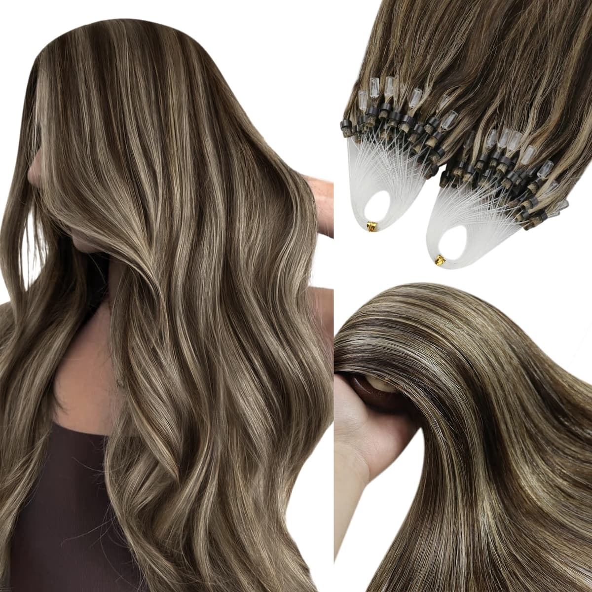 YoungSee Nano Hair Extensions Blonde 16inch Nano Beads Hair Extensions Warm Ash Blonde Highlight Bleach Blonde Nano Ring Hair Extension Highlight for School Soft Cold Fusion 50s 50g — view 17