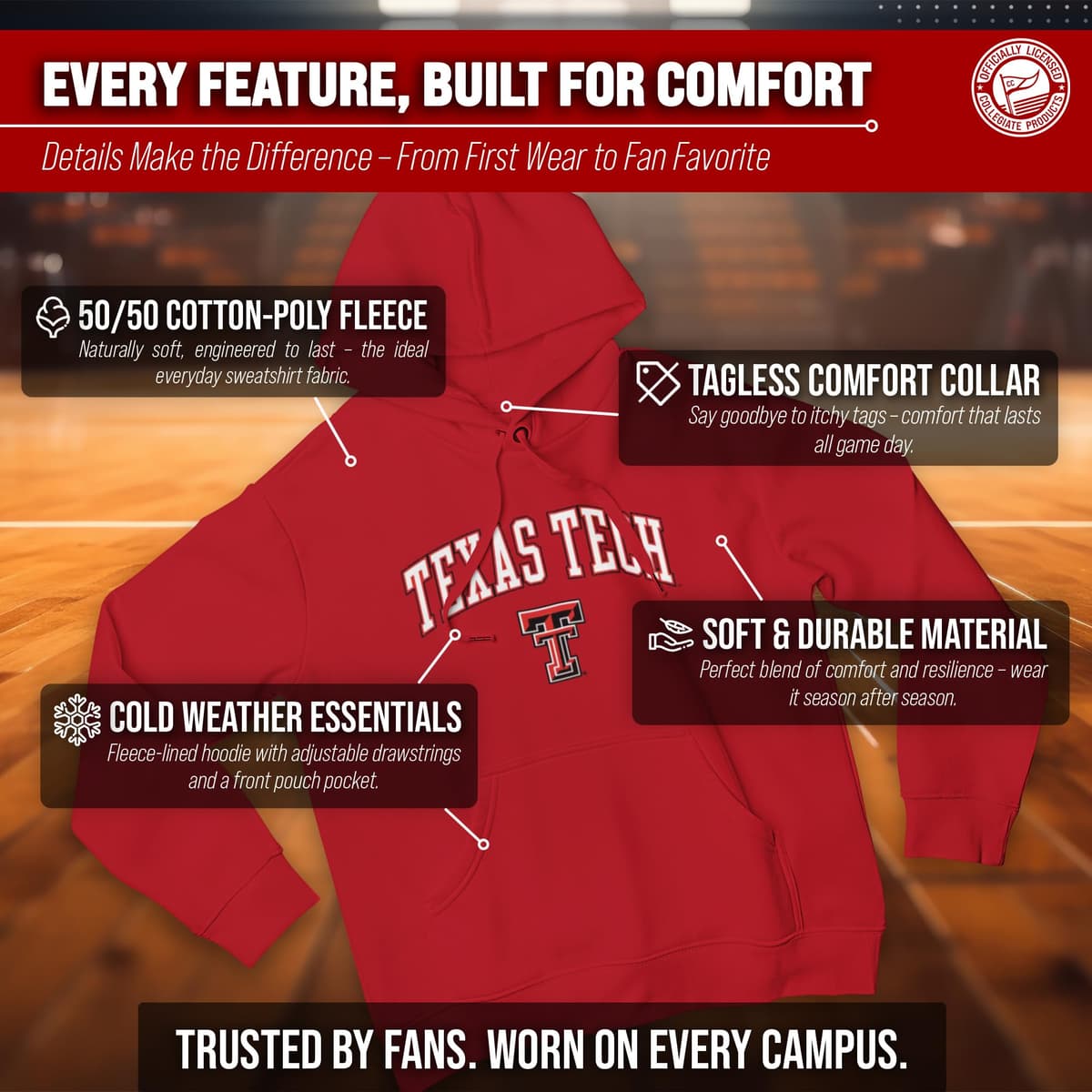 Campus Colors Long Sleeves NCAA Adult Arch & Logo Gameday Unisex Hooded Sweatshirt — view 3