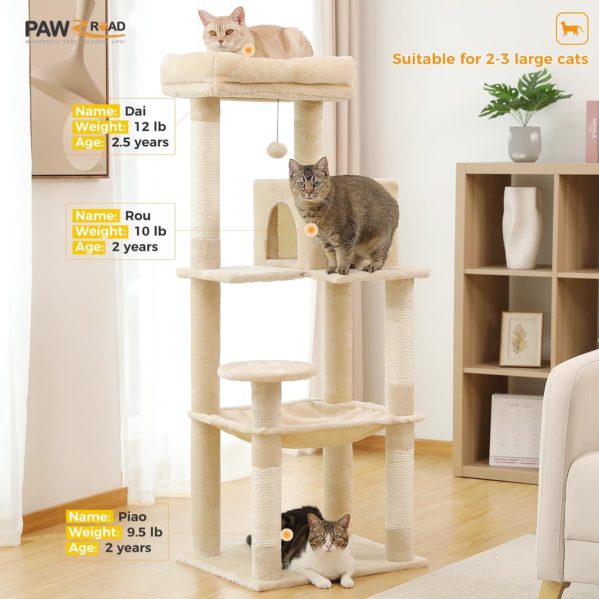 PAWZ Road 143cm Cat Tree for Indoor Cats with Metal Frame Large Hammock, 56.3 Inches Big Cat Tower with Scratching Posts and Top Perch, 4.7ft Multi-Level Activity Center with Replaceable Pompon, Beige — view 3