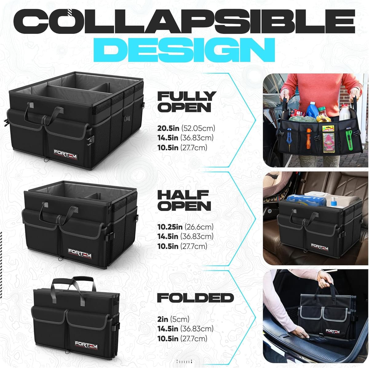 FORTEM Car Boot Organiser, Collapsible Multi Compartment SUV Organizer, Foldable Storage for Car Accessories for Women Men, 600D Oxford, Non Slip Bottom, Securing Straps, Soft Cover (50L) — view 5