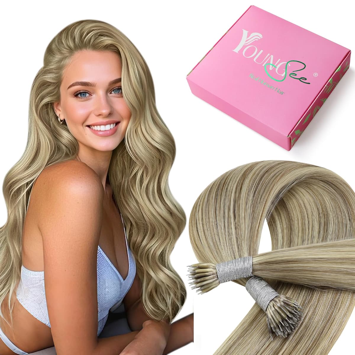 YoungSee Nano Hair Extensions Blonde 16inch Nano Beads Hair Extensions Warm Ash Blonde Highlight Bleach Blonde Nano Ring Hair Extension Highlight for School Soft Cold Fusion 50s 50g — view 16