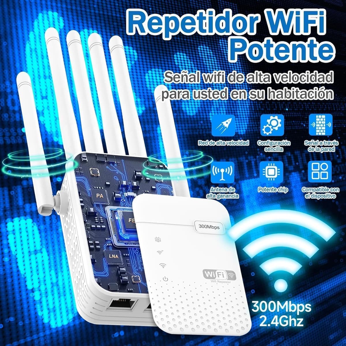 Repetidor Señal WiFi Extender,Amplificador Señal WiFi,6 Antenas,2 Puertos LAN,Repetidor WiFi Largo Alcance,Cobertura 360° de hasta 9800 m³,para Oficinas y Casa,fácil de Instalar — view 4