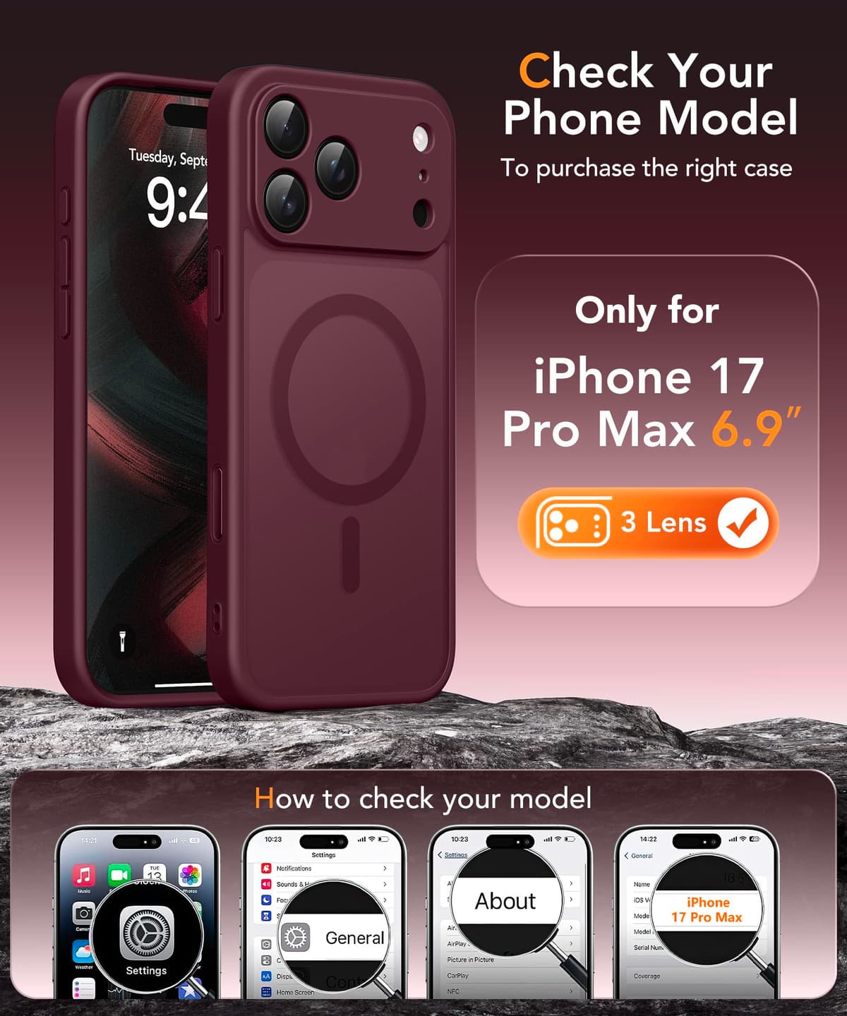 Magnetic Case for iPhone 17 Pro Max with Privacy Screen Protector [Compatible with MagSafe][Camera Protection][Military-Grade][Camera Control Cover]Translucent Matte 17 ProMax Phone Case,Wine Red — view 2