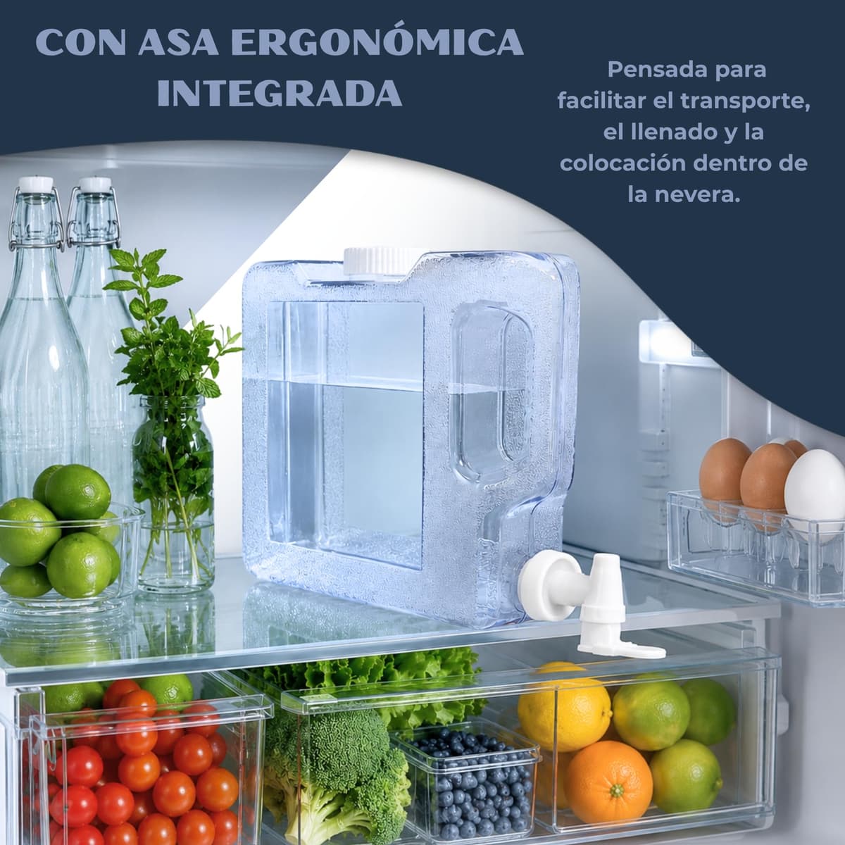 Dispensador de Agua Fria para Nevera, Dispensador de Bebidas de plástico, Ergonómico con asa, Plástico PETG Libre de Fugas, Libre BPA, Dimensiones 26 cm Largo x 21 cm Alto x 7 cm Ancho, 3 litros — view 3