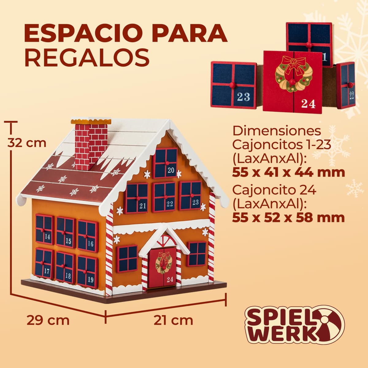 Spielwerk® Calendario de Adviento Madera Casita Jengibre 24 Cajoncitos Rellenable Chuches Vacio Reutilizable Adorno Decoración Navidad 2025 Personalizable — view 5