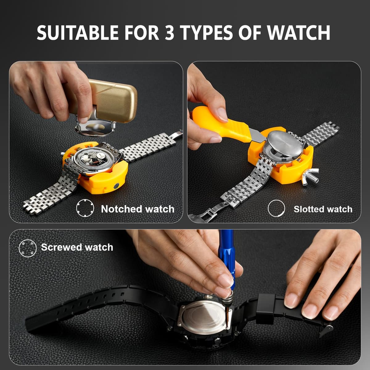 JOREST Kit Reparacion Reloj con Prensa Tapa Reloj, Herramientas Abrir Caja Relojero, Cambiar Pilas Relojes, Abridor Llaves Reloj, Destornillador, Ajustar/Acortar Correas Relojes, Quitar Eslabones — view 4